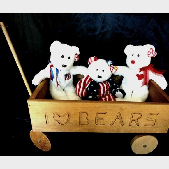 Beanie Buddy Teddy Bear Wooden Wagon Set 4 Pc Set Liberty Spangle Valentino 14" - Picture 12 of 12
